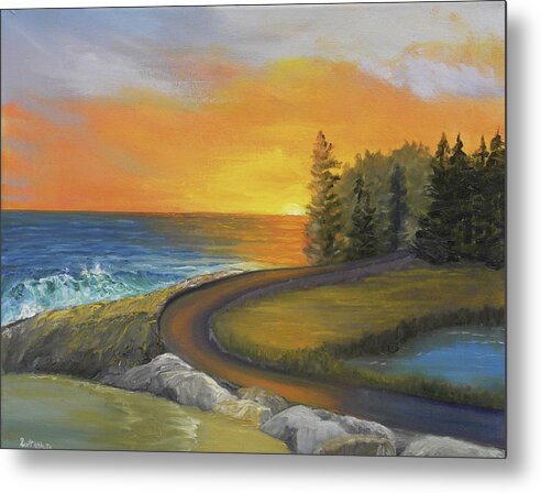 Sunrise Maine Ocean Seascape Landscape Waves Rocks Orange Sky Metal Print featuring the painting Maine Ocean Sunrise by Scott W White