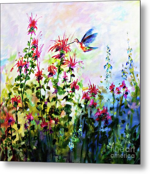 Hummingbird Metal Print featuring the painting Bee balm and Hummingbird in Garden by Ginette Callaway