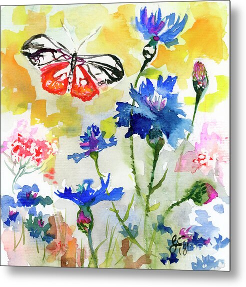 Summer Metal Print featuring the painting Summer Butterfly in Cornflowers by Ginette Callaway