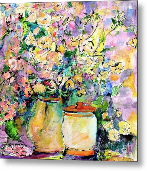 Flowers Metal Print featuring the painting Still Life Flowers Pottery Watercolors by Ginette Callaway