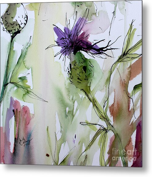 Thistles Metal Print featuring the painting Thistles Modern floral Art Watercolor and Ink by Ginette by Ginette Callaway