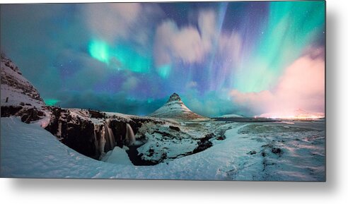 Scenics Metal Print featuring the photograph Panoramic View of Kirkjufell Mountain with Aurora #1 by Natthawat