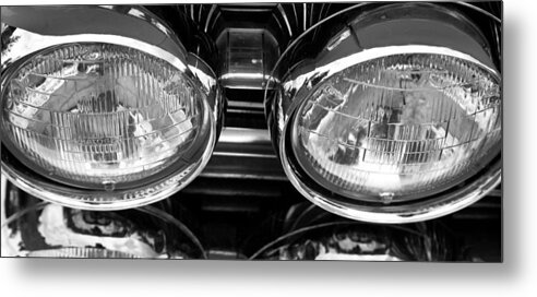 Custom Car Show Shine Classic Ford Blue Granum Alberta Canada Chrome Bumper Fender Detail American Automobile Antique Auto Black And White Headlamps Metal Print featuring the photograph Classic car grill and lights by Mick Flynn