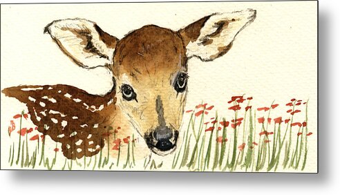 Fawn Metal Print featuring the painting Fawn in the flowers by Juan Bosco