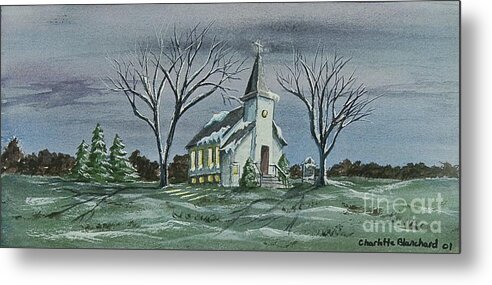 Country Church Painting Metal Print featuring the painting Evening Worship In Winter by Charlotte Blanchard