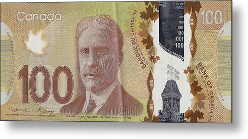 'paper Currency' By Serge Averbukh Metal Print featuring the digital art New One Hundred Canadian Dollar Bill by Serge Averbukh