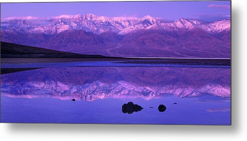 North America Metal Print featuring the photograph Panorama Badwater and the Panamint Range at Sunrise Death Valley by Dave Welling