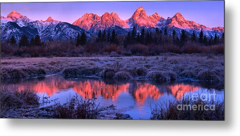 Grand Teton National Park Metal Print featuring the photograph Red Morning Teton Peaks Panorama by Adam Jewell