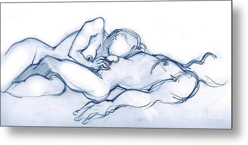 Erotic Nudity Metal Print featuring the mixed media She Talks to Me - erotic art by Carolyn Weltman