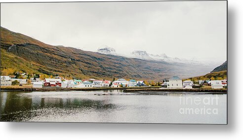 Aerial Metal Print featuring the photograph Fishing village on the east coast of Iceland #3 by Joaquin Corbalan