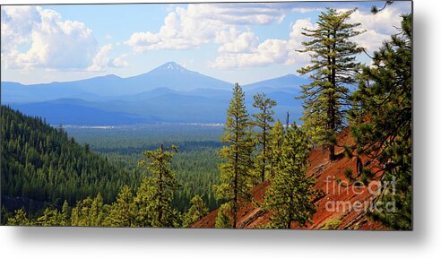 Central Oregon Metal Print featuring the photograph B Landscape view red cinder Jane Butte to distant Mount Bachelor across valley of conifer forests by Robert C Paulson Jr