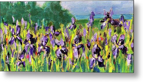 Purple Spring Irises Metal Print featuring the painting Spring Irises by Barbara Hageman