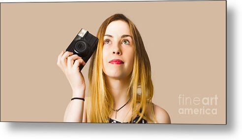 Photo Metal Print featuring the photograph Thinking photographer girl by Jorgo Photography