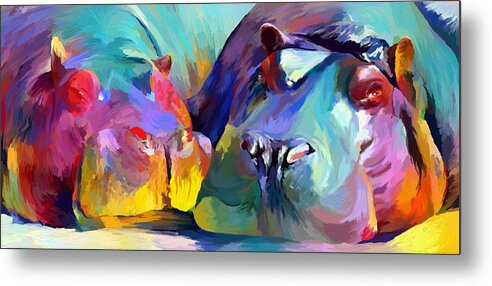 Hippo Metal Print featuring the mixed media Hippo Love by Ann Leech