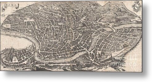 An Important And Stunning C. 1641 Bird's Eye View And Map Of Rome By Matthus Merian. Merian's Panoramic View Of Rome Metal Print featuring the photograph 1652 Merian Panoramic View or Map of Rome Italy by Paul Fearn