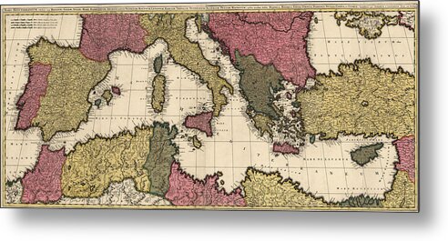 Mediterranean Metal Print featuring the drawing Antique Map of the Mediterranean by Gerard Valck - circa 1695 by Blue Monocle