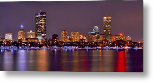 Boston Skyline At Night Metal Print featuring the photograph Boston Back Bay Skyline at Night Color Panorama by Jon Holiday