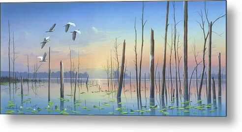 Egrets Metal Print featuring the painting Dawns Early Light by Mike Brown