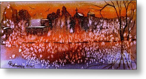 Winter Metal Print featuring the painting Winter Cliff Church by Gretchen Allen