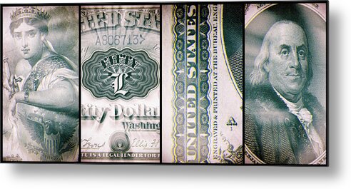 Fifty Metal Print featuring the digital art Ben Franklin Liberty 1880 American Fifty Dollar Bill Currency Polyptych Artwork 2 by Shawn O'Brien