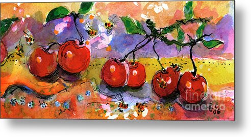 Cherries Metal Print featuring the painting Cherries and Bees Fruit Art Watercolor by Ginette Callaway