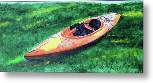 Kayak Metal Print featuring the painting Kayak in the Grass by Paul Gaj