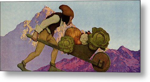 Hearts Metal Print featuring the painting Knave of Hearts - Sprite brings wheel barrow of vegetables by Maxfield Parrish