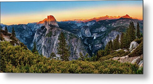 California Metal Print featuring the photograph Half Dome Sunset at Yosemite Panorama by Dan Carmichael