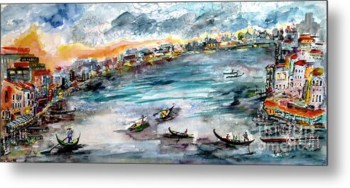 Venice Itay Metal Print featuring the painting Venice Grand Canal Twilight Italy Panoramic Painting by Ginette Callaway