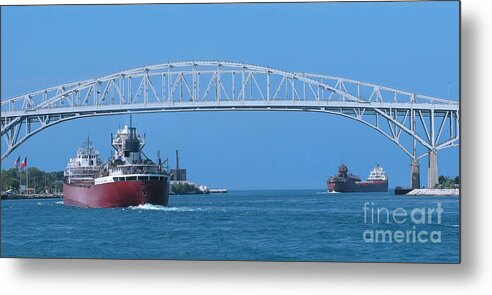 Freighter Metal Print featuring the photograph Blue Water Bridge and Freighters by Ann Horn