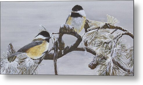 Song Birds Metal Print featuring the painting Ice Storm Chickadees by Johanna Lerwick