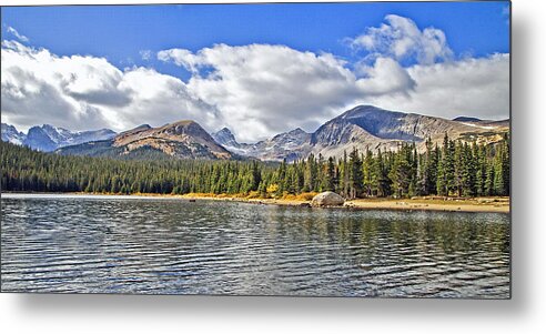 Fine Art Photography. Colorado Lake Photography.colorado Lake Greeting Cards. Lakes. Streams. Trees. Pine. Tree.sky.clouds. Blue Sky. Fine Art Note Cards. Mountains.winter.spring.summer.rocky.fishing Boat. Mixed Media Mixed Media Photography. Fine Art Photography Metal Print featuring the photograph Long Lake Colorado by James Steele