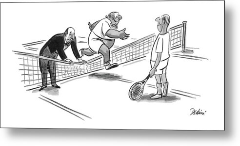 (butler Is Holding Down The Tennis Net For His Master To Jump Over.) Service Money Rich Sports Leisure Artkey 44925 Metal Print featuring the drawing New Yorker June 23rd, 1956 by Eldon Dedini