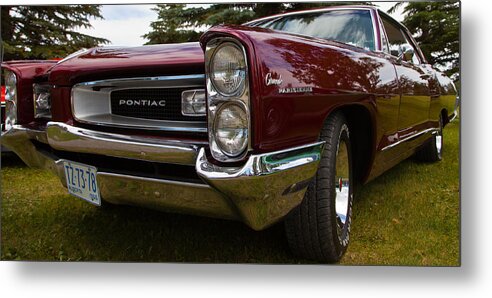 Custom Car Show Shine Classic Granum Alberta Canada Auto Automobile Chrome Hood Fender Bright Retro Red Metal Print featuring the photograph Pontiac Grande Parisienne by Mick Flynn