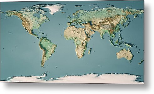 Continent Metal Print featuring the photograph World Map 3D Render Topographic Map Color by FrankRamspott