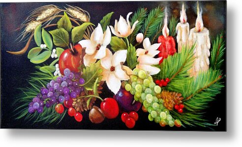 Christmas Metal Print featuring the painting Yuletide Candles by Joni McPherson