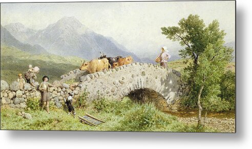 Cattle; Drover Metal Print featuring the painting Bridge Near Dalmally by Myles Birket Foster