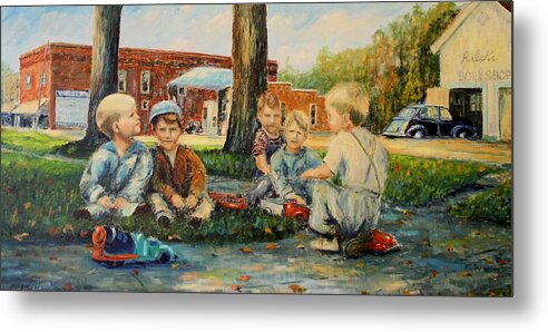 Children Metal Print featuring the painting Playing Trucks by Daniel W Green