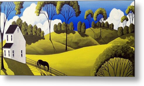 Art Metal Print featuring the painting Downhill graze - folk art landscape by Debbie Criswell