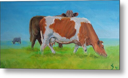 Holstein Metal Print featuring the painting Holstein Friesian Cow and Brown Cow by Mike Jory