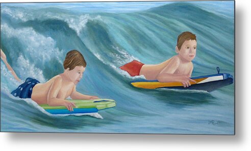 Bodyboard Metal Print featuring the painting Kids Bodyboarding by Angeles M Pomata