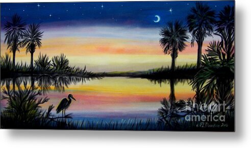 Palmetto Night Metal Print featuring the painting Palmetto Tree and Moon Low Country Sunset by Pat Davidson