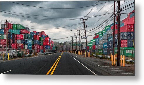 377 Port Elizabeth Commercial Industrial Urban Cityscape Road Stripe Container Pier Port Power Power Line Cloud Red Green Blue Yellow Black White Primary Color Day Overcast Cloudy Pattern Repetition Stack Converge Converging Perspective Nj New Jersey Usa United States Of America Waterfront Horizontal Wide Metal Print featuring the photograph Port Elizabeth by Steven Maxx