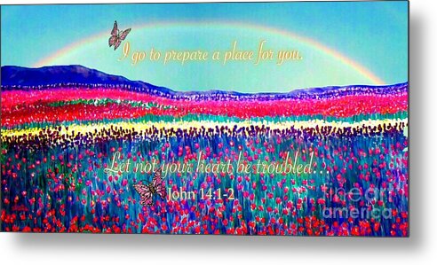Christian Bereavement Or Sympathy Card Scripture John 14:1-2 Field Of Flowers Tulips Multi-colored With Smokey Blue Purple Mountains In Background Rainbow Overhead With Butterflies Flying Spiritual Or Religious Work Acrylic With Digital Effects Or Enhancement Metal Print featuring the painting Wishing You the Sunshine of Tomorrow Bereavement Card by Kimberlee Baxter