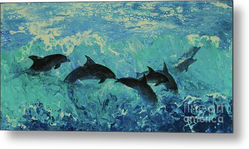 Painting Metal Print featuring the painting Dolphins Surf by Jeanette French