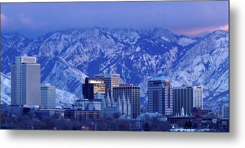 Panoramic Metal Print featuring the photograph Salt Lake City Skyline With Wasatch by John Telford Photographs