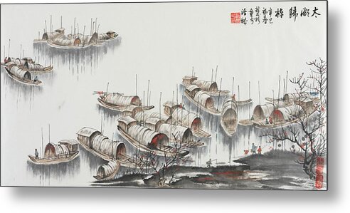 Chinese Watercolor Metal Print featuring the painting Sampan Harbor by Jenny Sanders