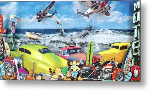 Seaside Shark Surfing Metal Print featuring the mixed media Seaside Shark Surfing by John Roy