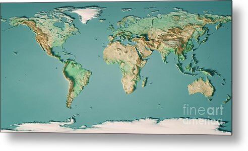 World Metal Print featuring the digital art World Map 3D Render Topographic Map Color by Frank Ramspott