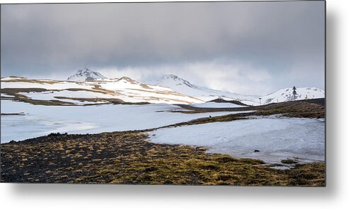 Iceland Metal Print featuring the photograph Icelandic landscape with mountains and meadow land covered in snow. Iceland by Michalakis Ppalis
